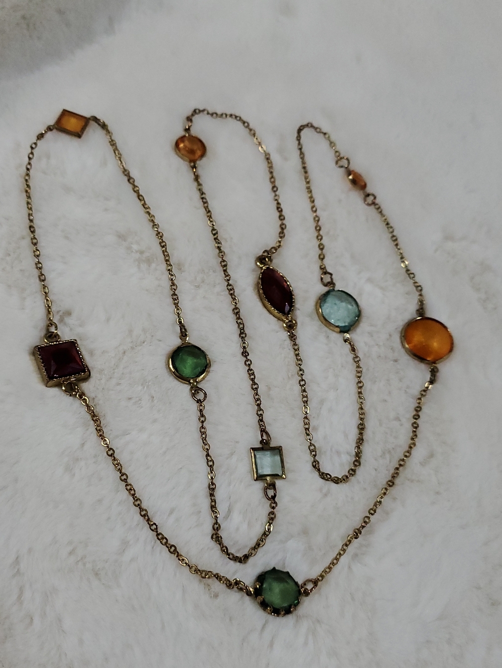 Vintage Gold-Tone Multi-Gem Station Necklace - Green, Amber, Aqua Blue Burgundy